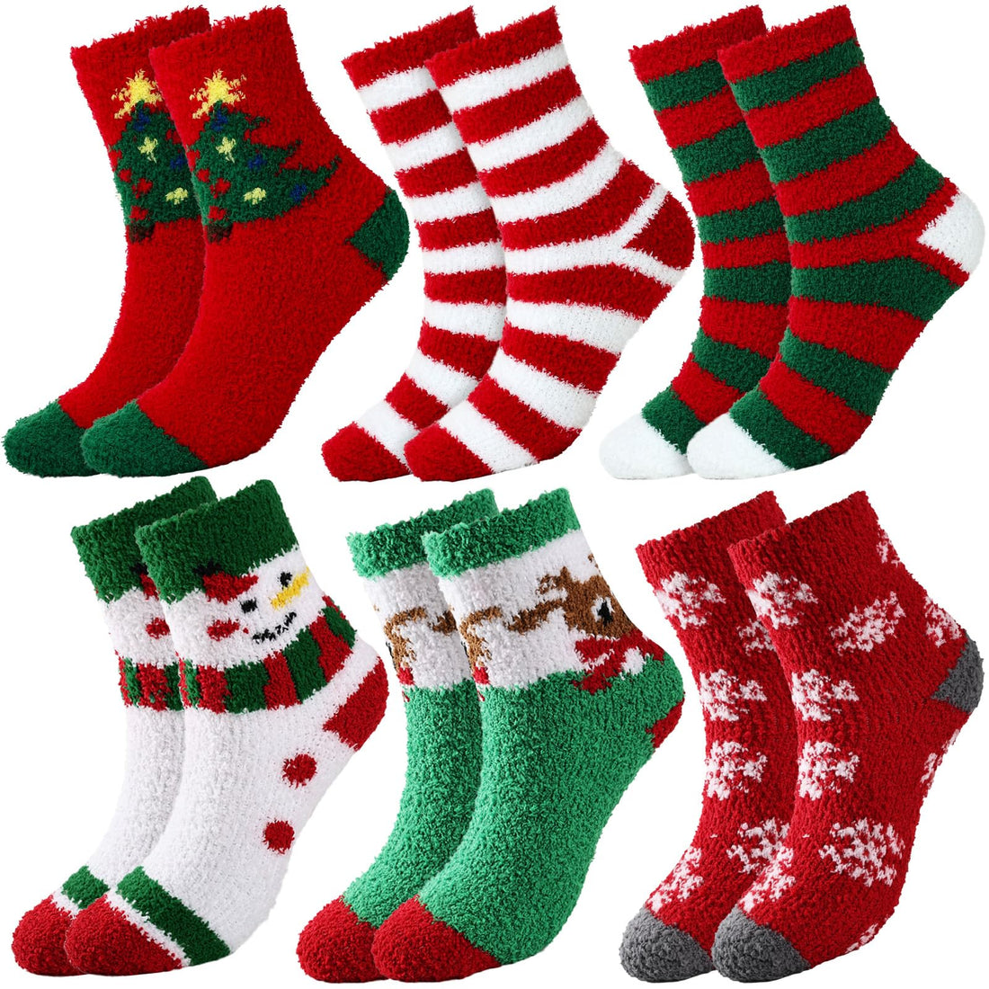 YOGINGO 6 Pairs Christmas Socks - Fuzzy Christmas Socks Colorful Warm Fluffy Slipper Socks for Women