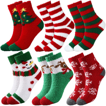 YOGINGO 6 Pairs Christmas Socks - Fuzzy Christmas Socks Colorful Warm Fluffy Slipper Socks for Women