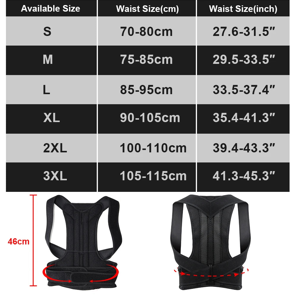 Size chart for a back brace with waist size measurements in centimeters and inches, and images of the brace.
