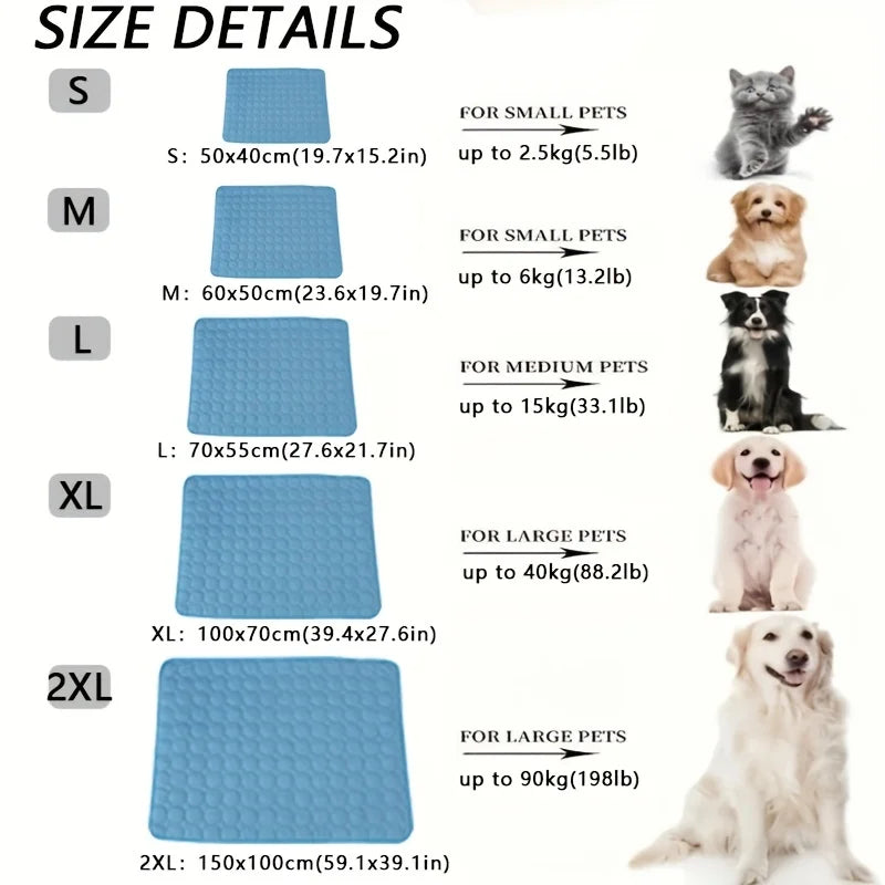 Cooling pad for pets with two dogs on it, featuring icons and text about ventilation, health, and cooling.