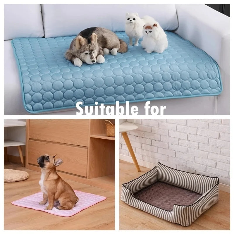 Dog beds and mats in various settings with text 'Suitable for'.