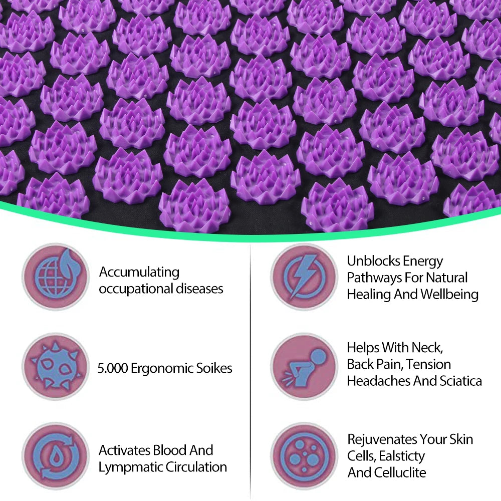 Purple acupressure mat with text highlighting its benefits