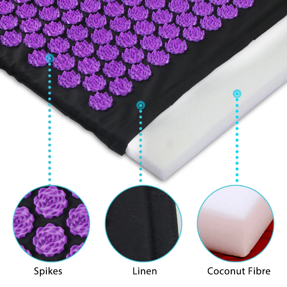 Acupressure mat with spike detail, linen fabric, and coconut fiber close-up on a white background.