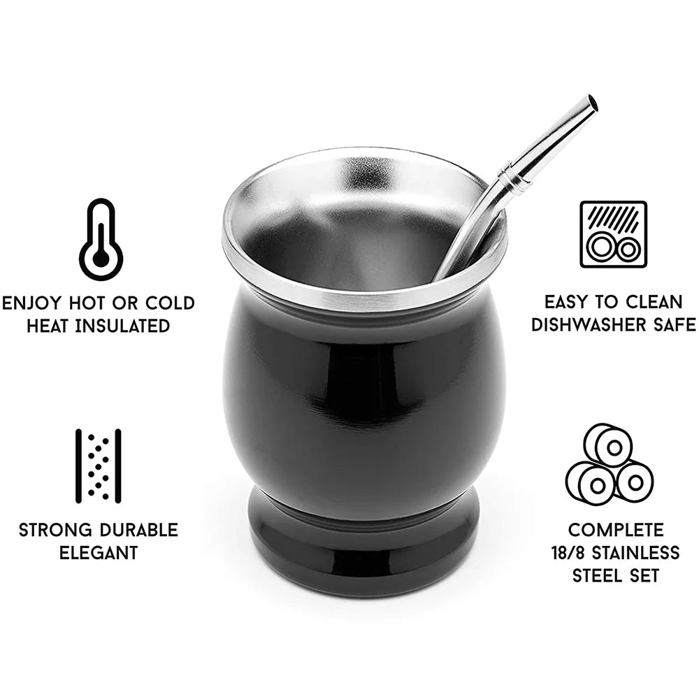 UPORS Yerba Mate Cup 304 Stainless Steel Double Wall 8oz Argentine Yerba Mate Gourd With Illas and Cleaning Brush