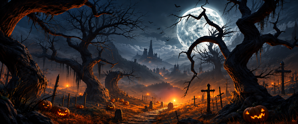 A dark, atmospheric Halloween landscape artwork showing a moonlit valley with gnarled trees, glowing jack-o'-lanterns, gravestones, a castle in the distance, and a full moon over a misty hillside.