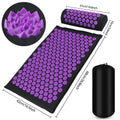 Acupressure mat with purple nodes and carrying bag, showing dimensions and close-up of nodes.