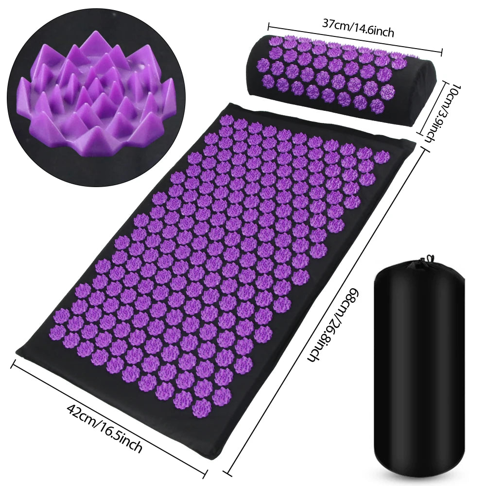 Acupressure mat with purple nodes and carrying bag, showing dimensions and close-up of nodes.