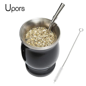 UPORS Yerba Mate Cup 304 Stainless Steel Double Wall 8oz Argentine Yerba Mate Gourd With Illas and Cleaning Brush