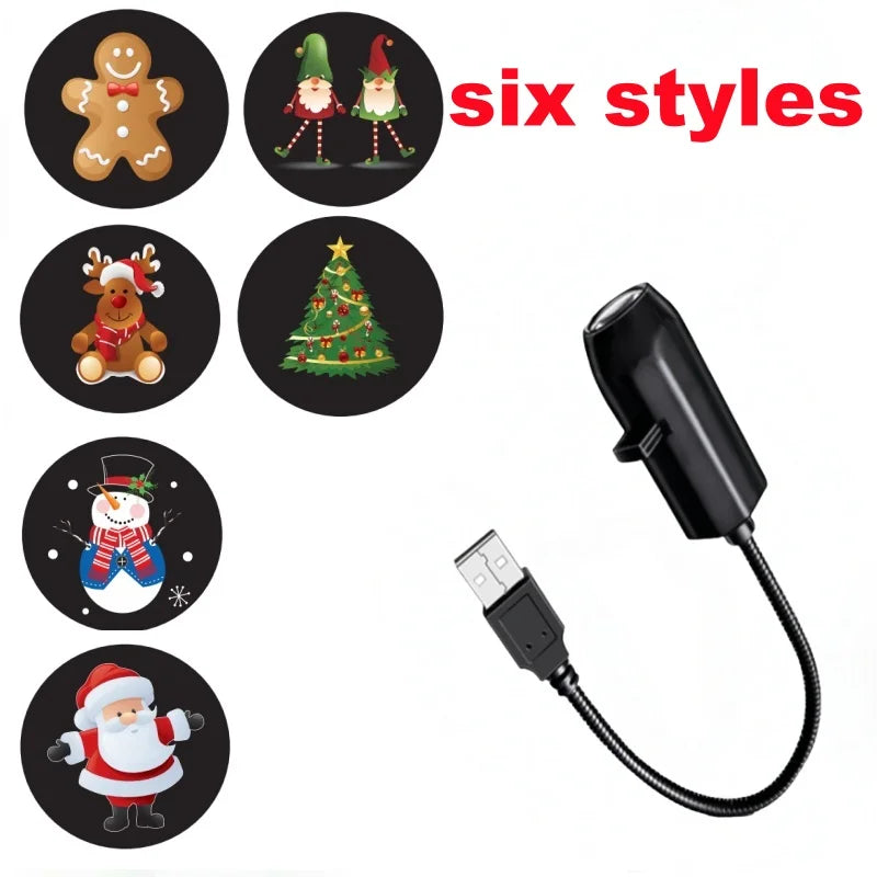 Black USB light with Christmas-themed projection designs on a white background