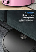 Robot vacuum cleaner navigating under furniture with text on its height and design.