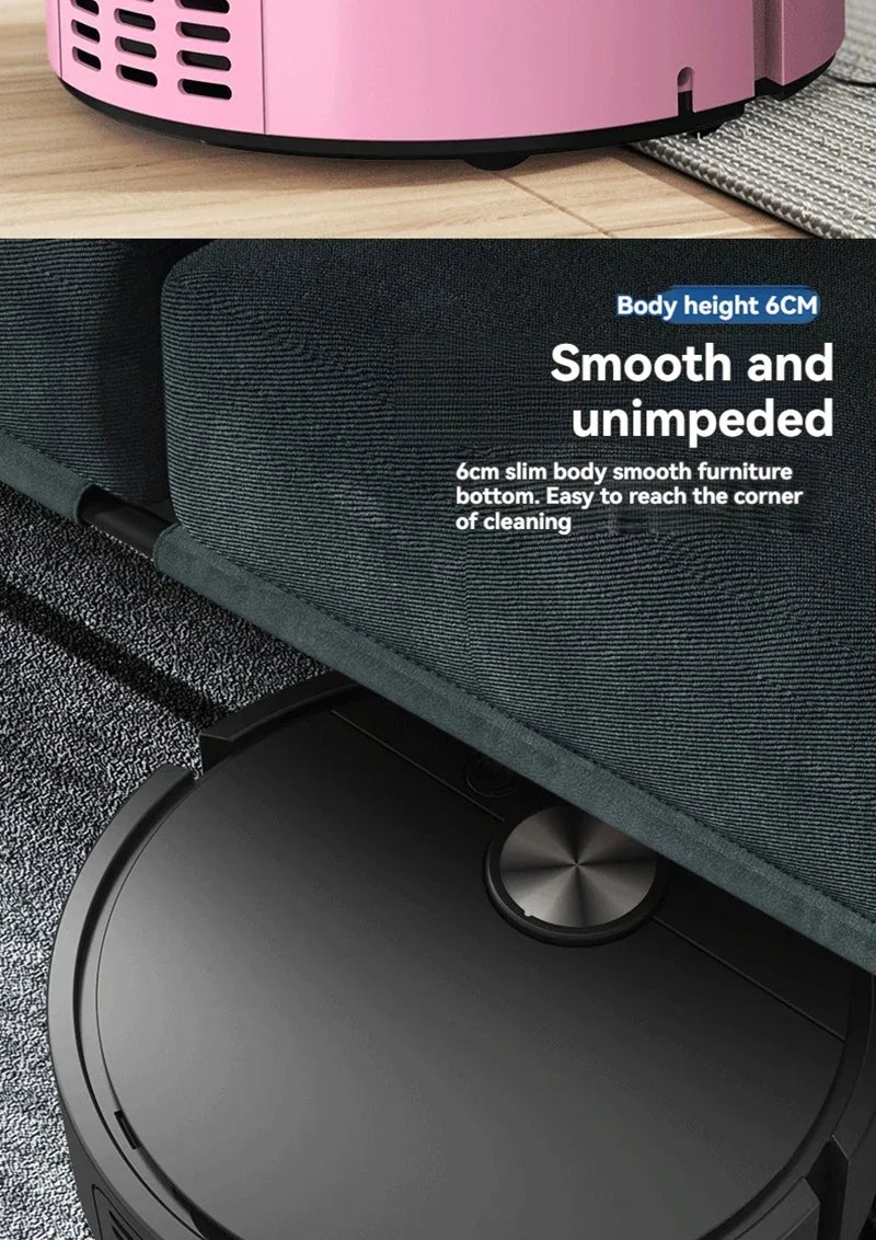 Robot vacuum cleaner navigating under furniture with text on its height and design.