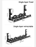 Two black metal wall-mounted racks with measurements on a white background