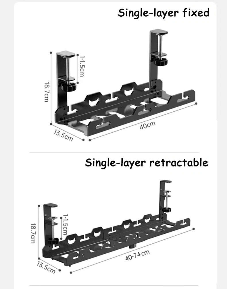 Two black metal wall-mounted racks with measurements on a white background