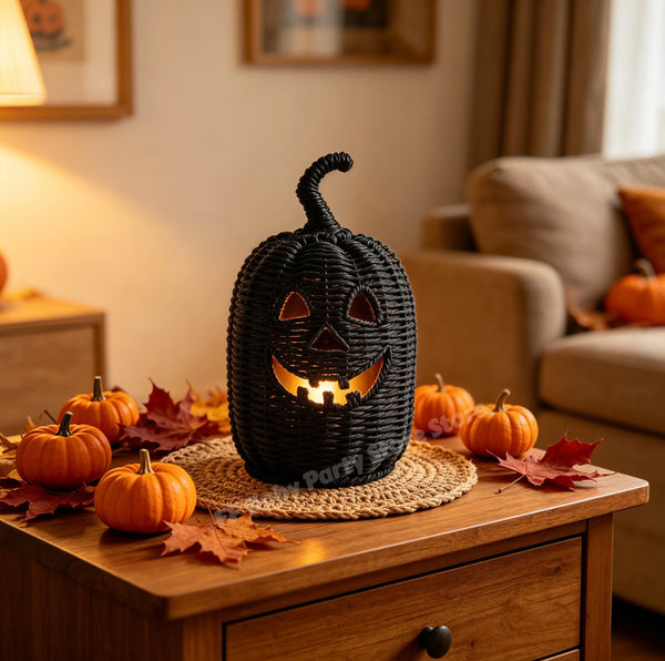 A black woven jack-o'-lantern Halloween light with a glowing warm interior, displayed on a wooden table in a cozy living room setting with small pumpkins and autumn leaves.