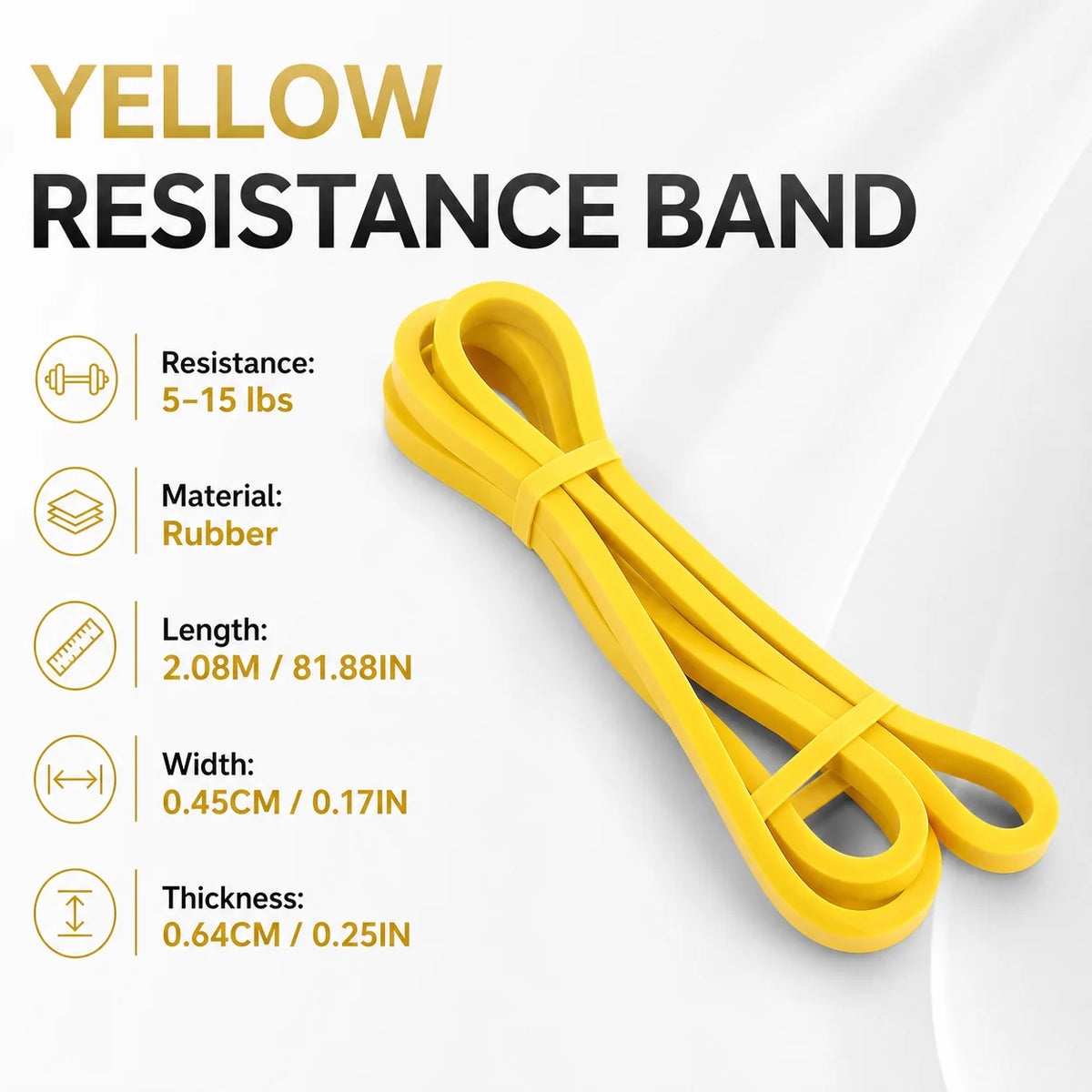 Yellow resistance band with specifications on a white background