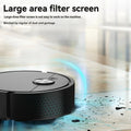 Robotic vacuum cleaner cleaning a floor with text about a large area filter screen.