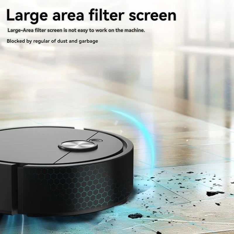 Robotic vacuum cleaner cleaning a floor with text about a large area filter screen.