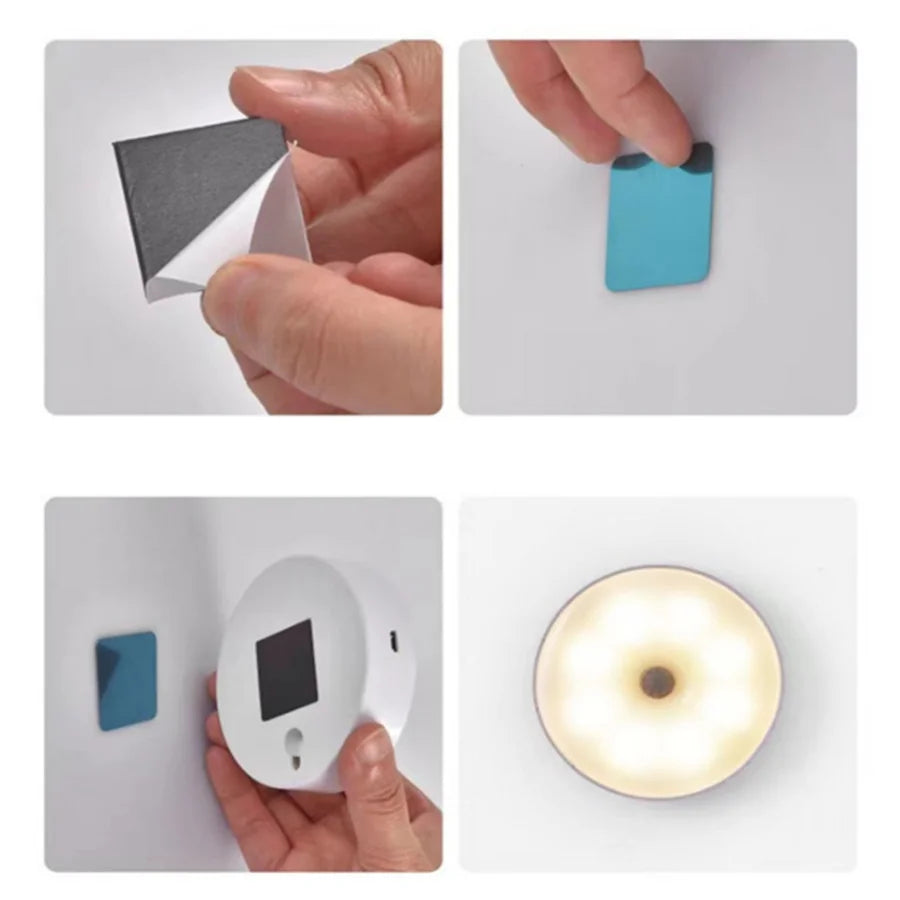Step-by-step process of using a small electronic device with adhesive pads on a white background.