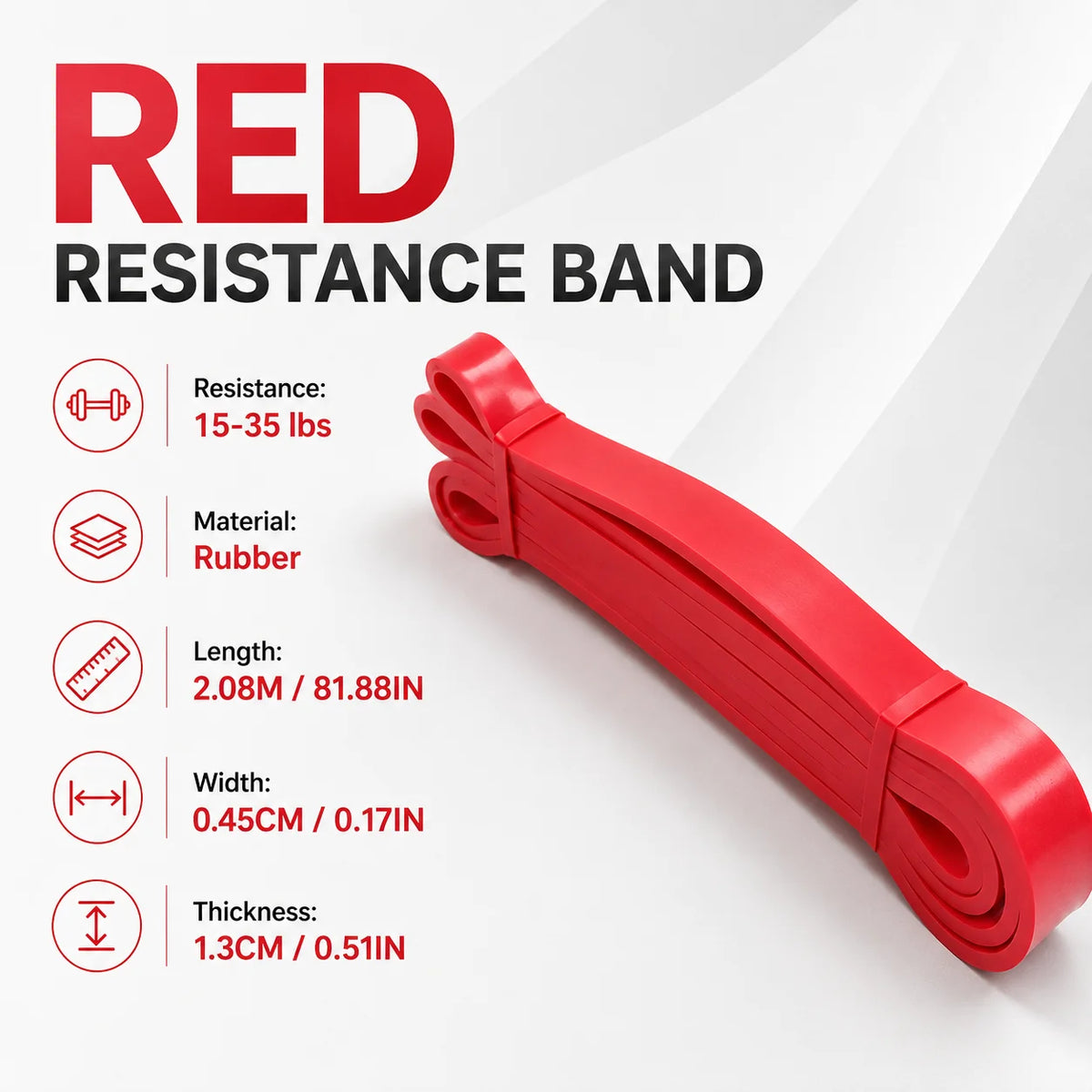Red resistance band with specifications on a white background