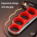 Grip strength device with red ergonomic handle and text highlighting features.