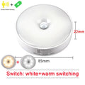 Round white light sensor with dimensions and color switching options on a white background