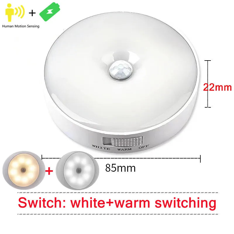 Round white light sensor with dimensions and color switching options on a white background