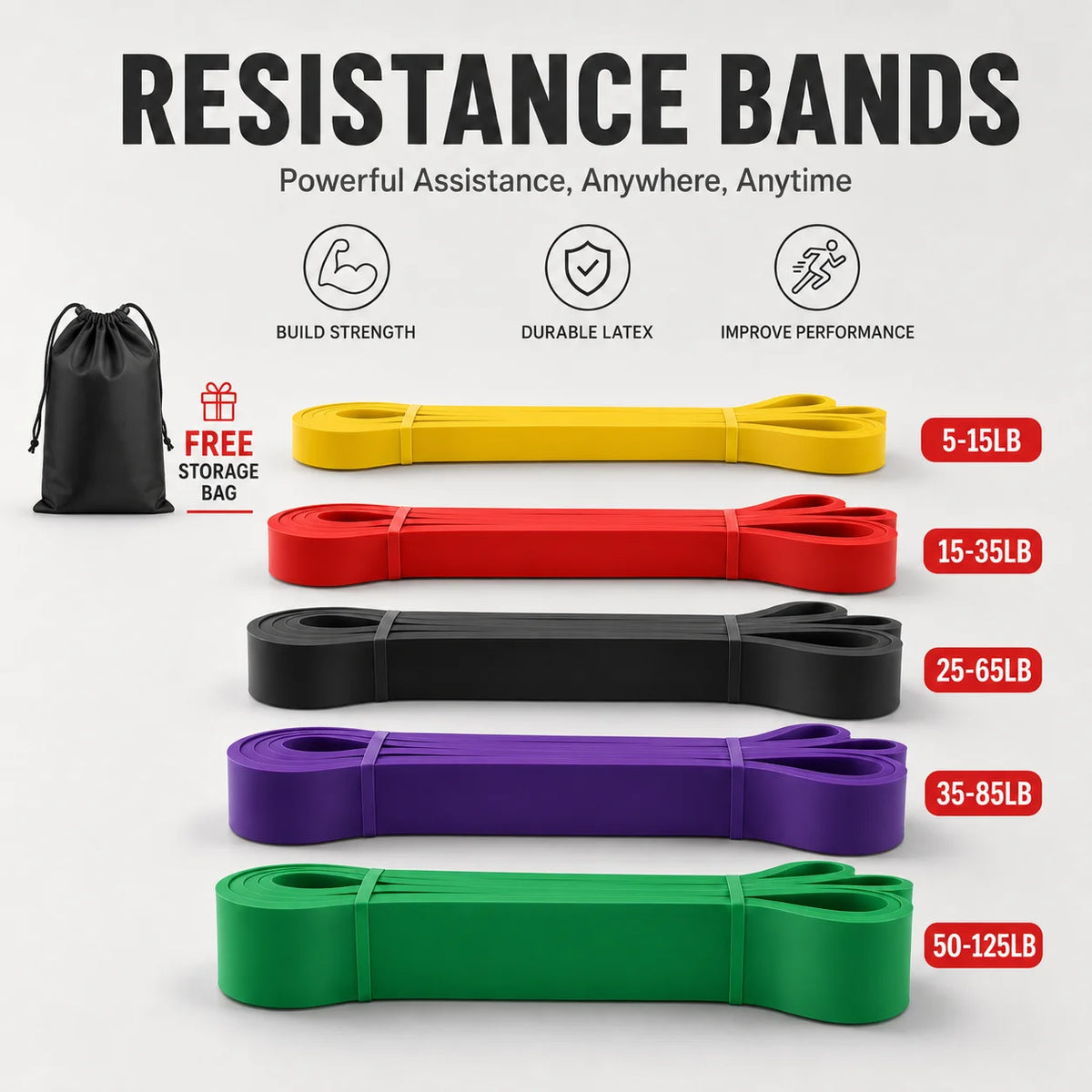 Set of resistance bands in various colors with weight labels on a white background