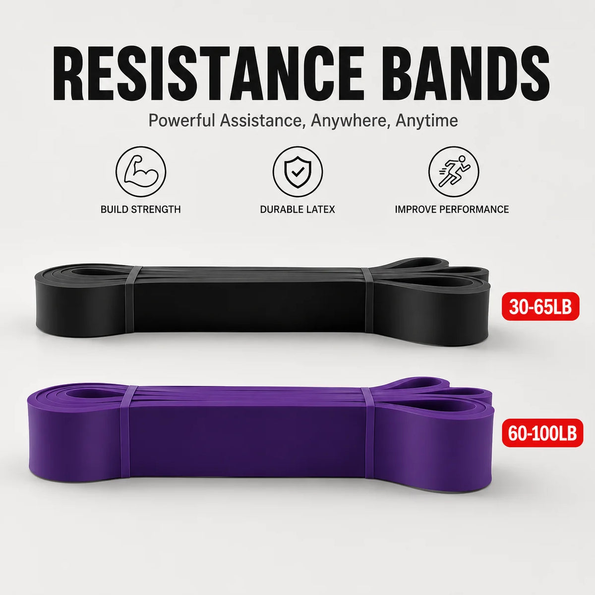 Two resistance bands, one black and one purple, with text indicating weight ranges and benefits on a white background.