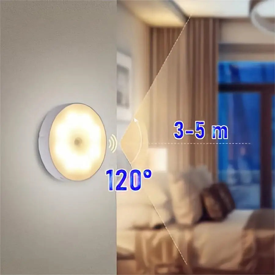 Round night light with range and angle indicators on a blurred room background