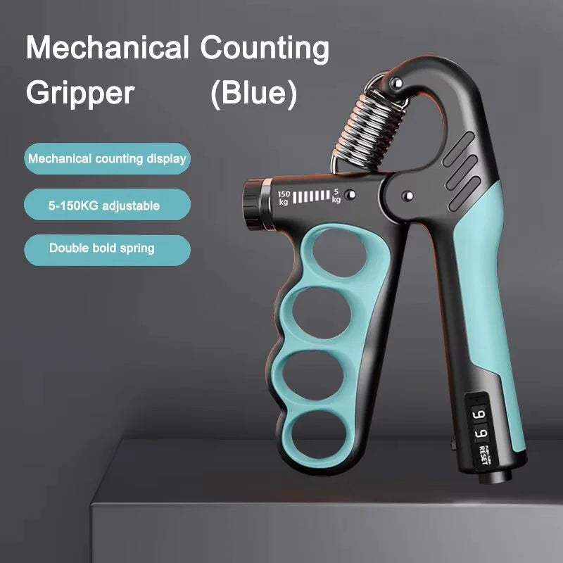 Blue and black mechanical counting gripper on a gray background