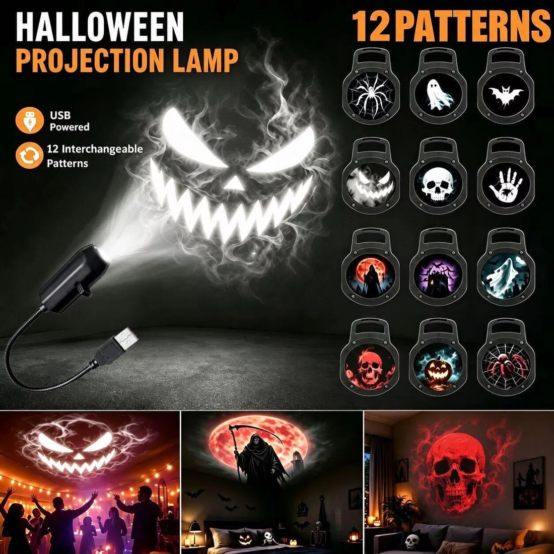 USB Projector Light Halloween Ghost Skull Night Light Switchable Pattern LED Projector Lamp for Room Ceiling Window Wall Decor