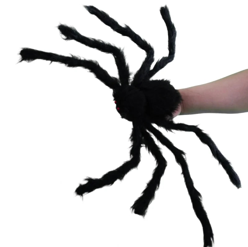 Black spider toy held by a hand on a white background