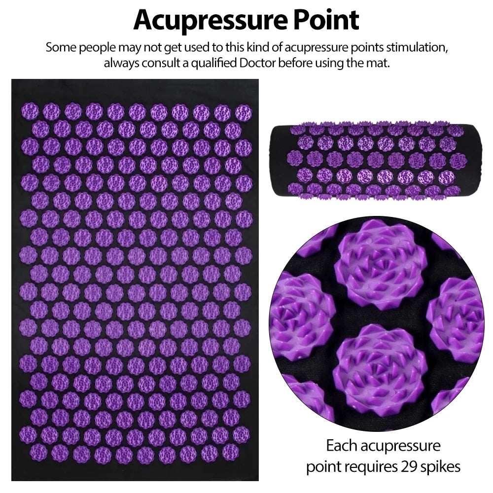 Acupressure mat with purple spikes and text warning about consulting a doctor.