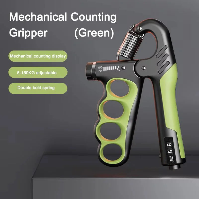 Green and black mechanical counting gripper on a dark background