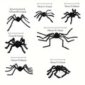 Black spiders of various sizes with measurements on a white background