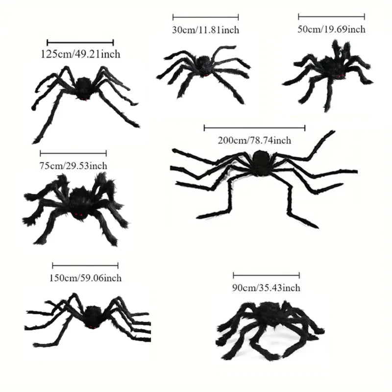 Black spiders of various sizes with measurements on a white background