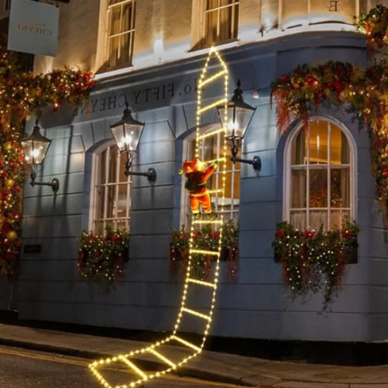 Decorative Christmas lights on a building facade with festive decorations.