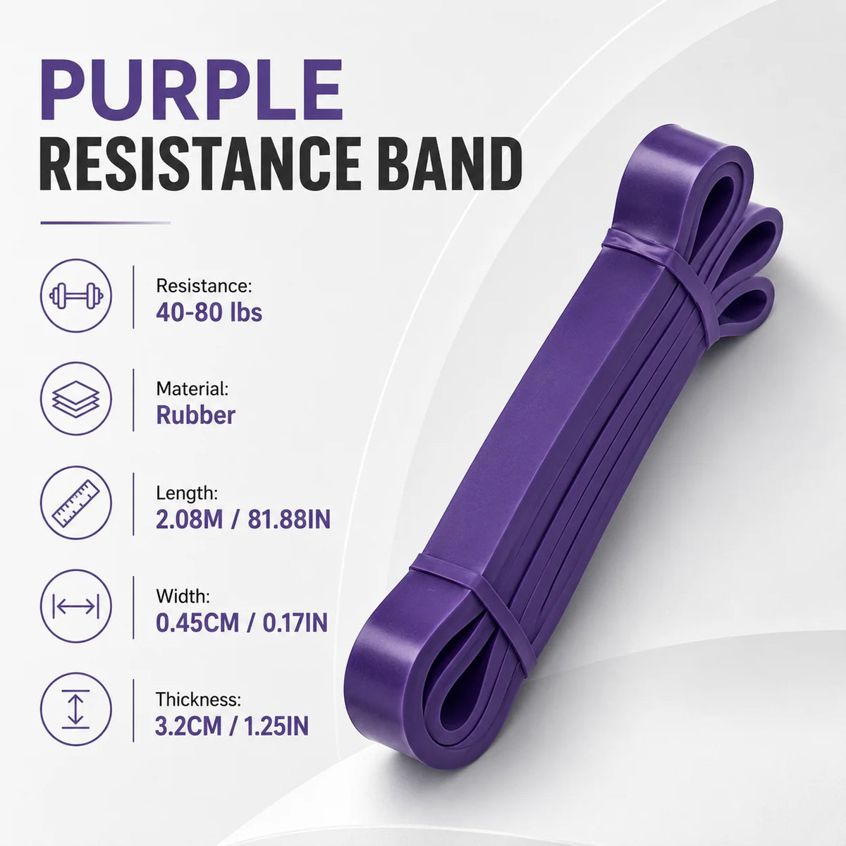 Purple resistance band with specifications on a white background