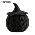 Black woven pumpkin lantern decoration with a pointed witch hat lid, shown on a white background with a small size text overlay in the top left corner.
