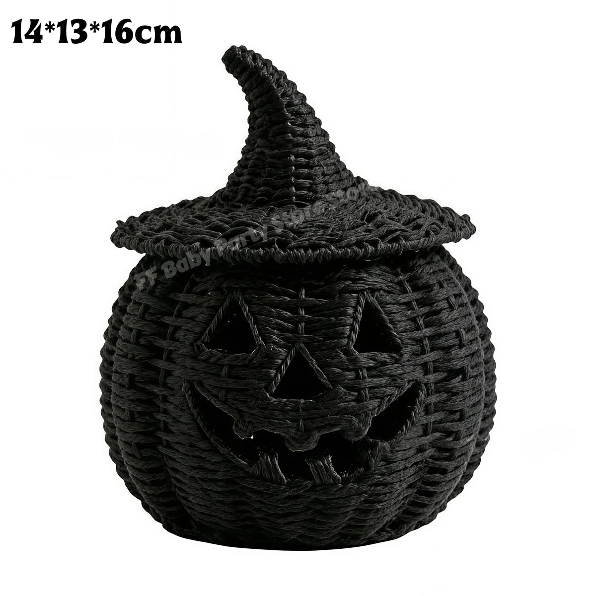 Black woven pumpkin lantern decoration with a pointed witch hat lid, shown on a white background with a small size text overlay in the top left corner.