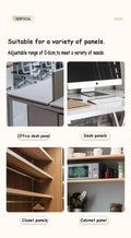 Product advertisement showing office desk, desk panels, closet, and cabinet panels with text about adjustable range.