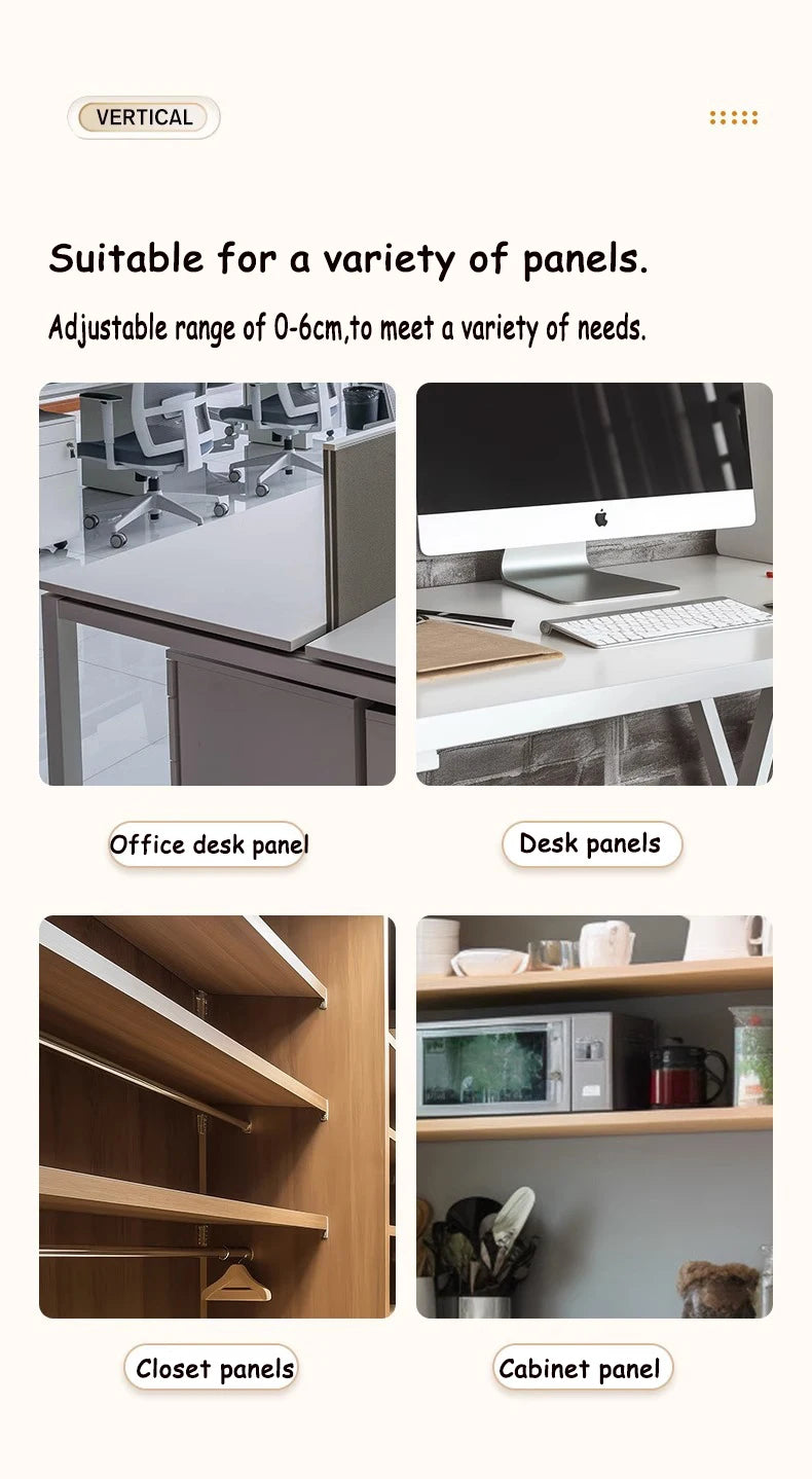 Product advertisement showing office desk, desk panels, closet, and cabinet panels with text about adjustable range.