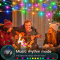 People sitting around a fire with colorful lights and music notes, indicating a festive or holiday setting.
