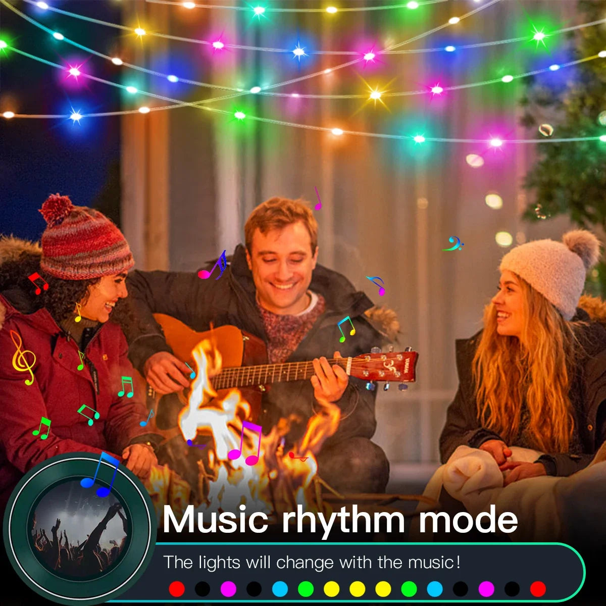 People sitting around a fire with colorful lights and music notes, indicating a festive or holiday setting.