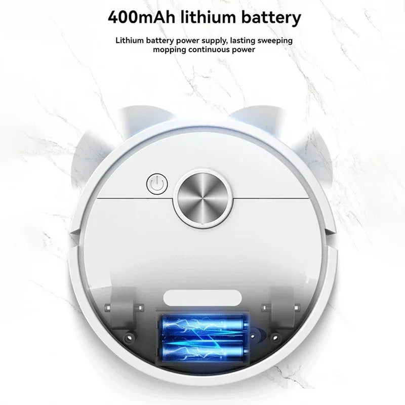 Robotic vacuum cleaner with 400mAh lithium battery on a white background