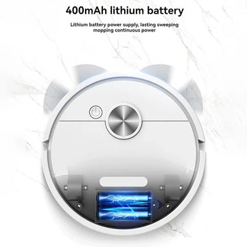 Robotic vacuum cleaner with 400mAh lithium battery on a white background