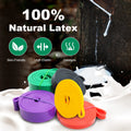 Colorful latex bands with '100% Natural Latex' text and icons on a blurred natural background.
