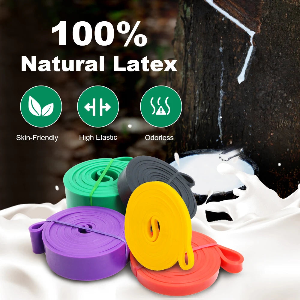Colorful latex bands with '100% Natural Latex' text and icons on a blurred natural background.