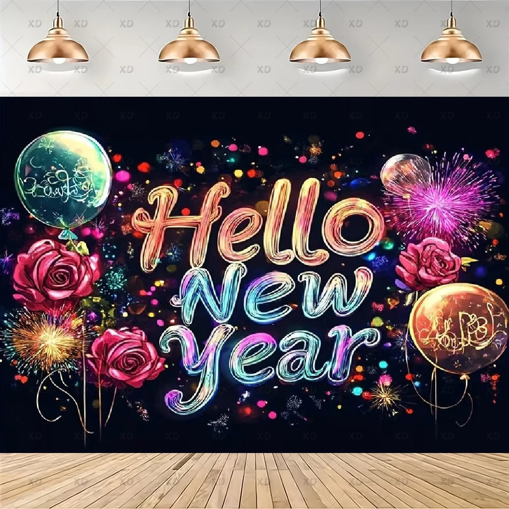 A festive New Year backdrop featuring the words 'Hello New Year' in large, glowing gradient letters over a dark background with colorful fireworks, balloons, and roses. The backdrop is shown hanging in a room mockup with pendant lights above and a wooden floor below.