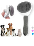 Pet grooming brush with a close-up of bristles, surrounded by dogs and cats on a white background.